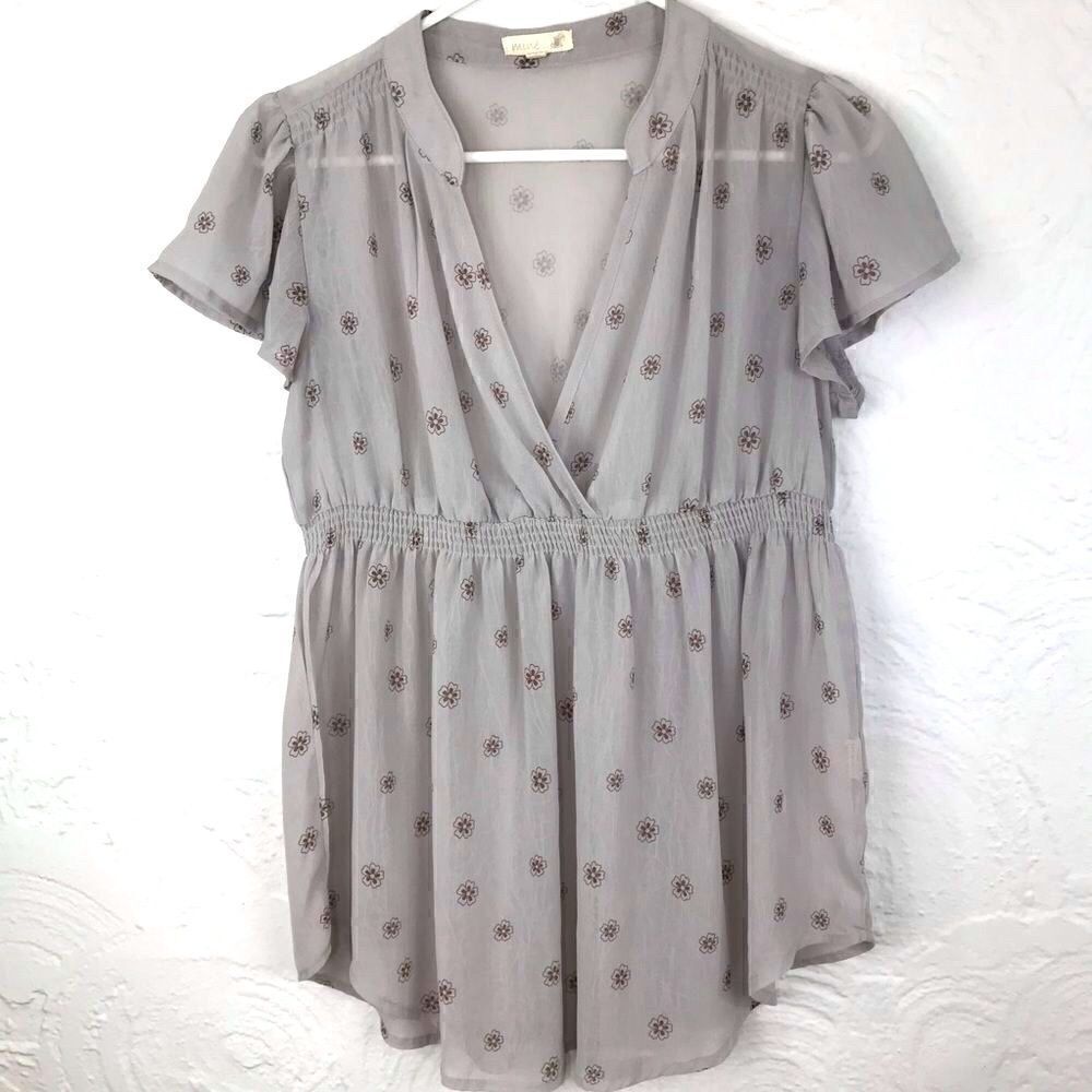 Mine Gray Floral Print Semi Sheer Boho Peasant Blouse